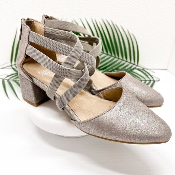 EILEEN FISHER Juku Pump Size 6 Mica Silver Metallic Gray Strappy Block Heel - Picture 1 of 10